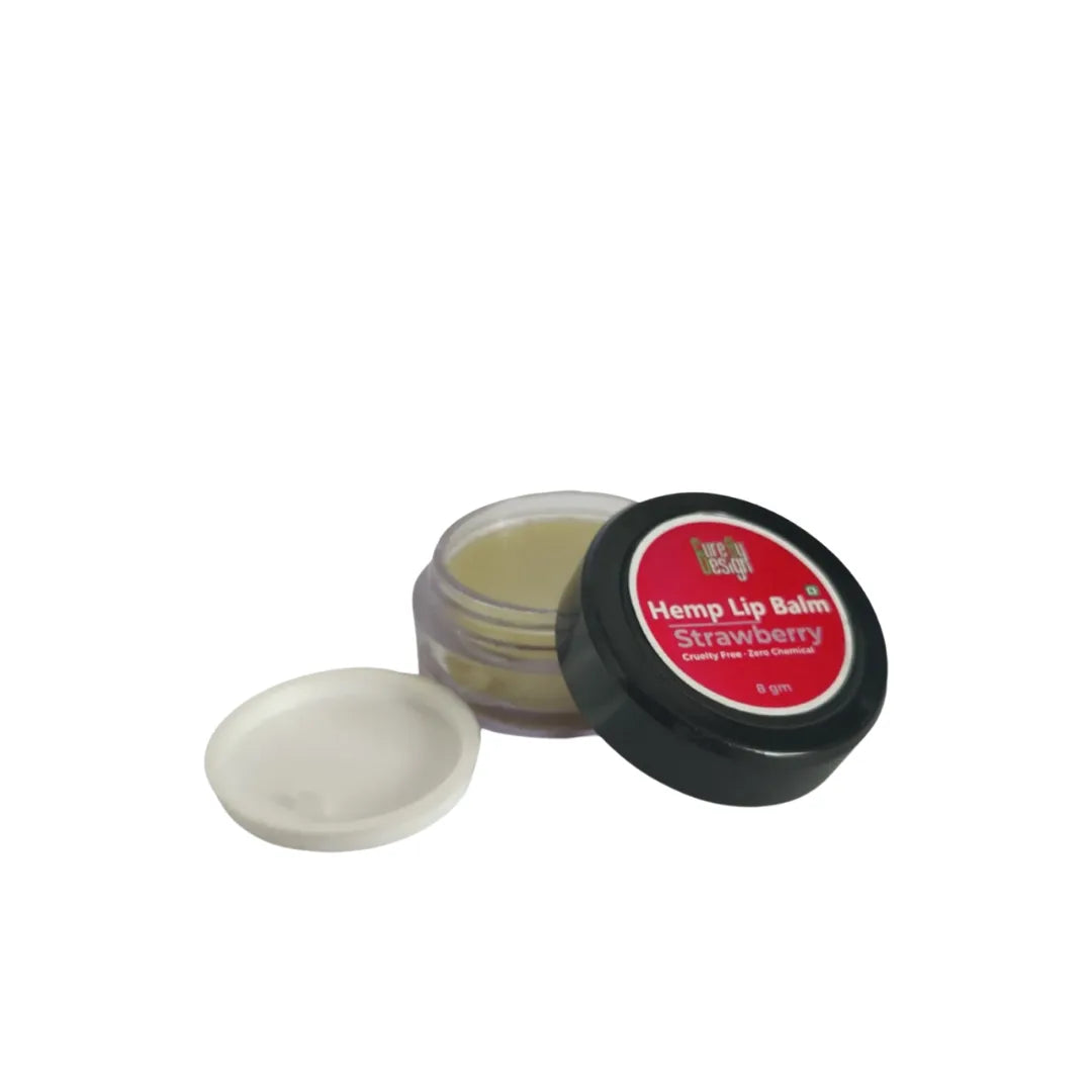 Hemp lip balm container with strawberry flavor on a white background