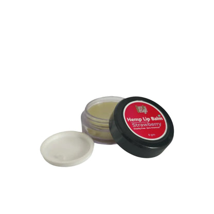 Hemp lip balm container with strawberry flavor on a white background