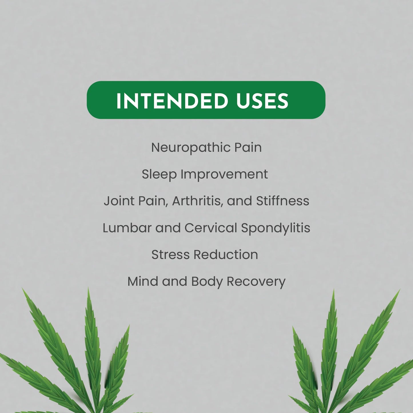 List of intended uses for a product with cannabis leaves on a gray background