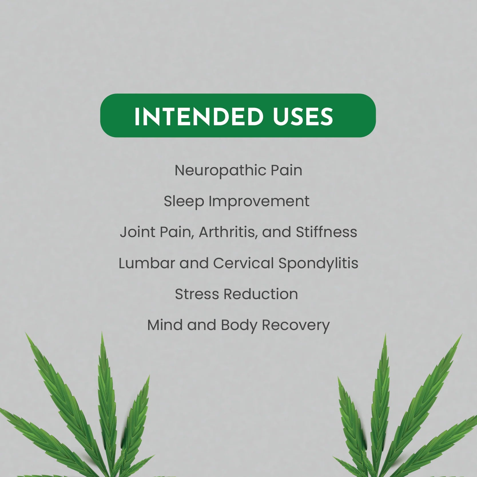 List of intended uses for a product with cannabis leaves on a gray background