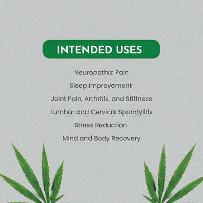List of intended uses for a product with cannabis leaves on a gray background
