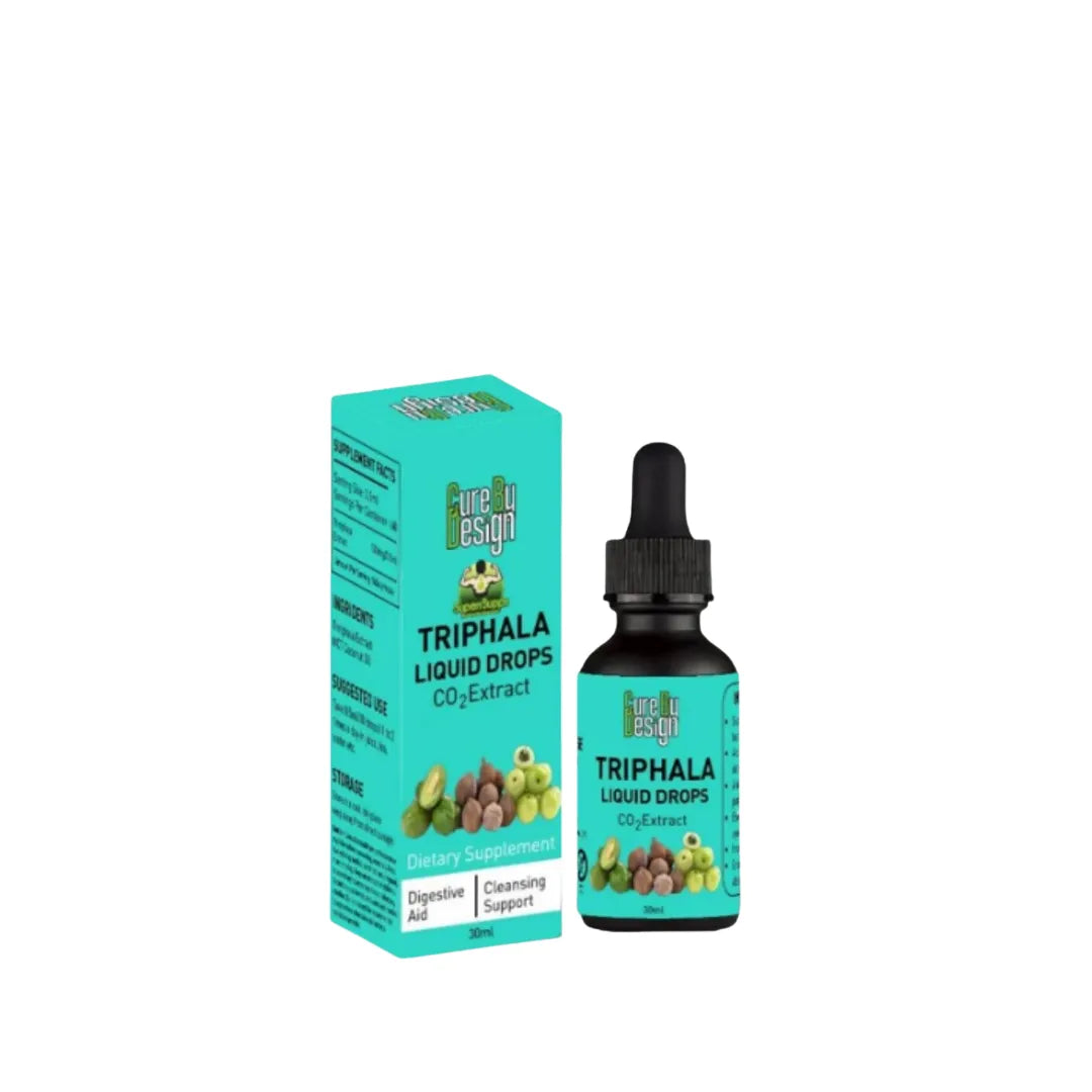 Cure By Design Triphala liquid drops with packaging on a white background