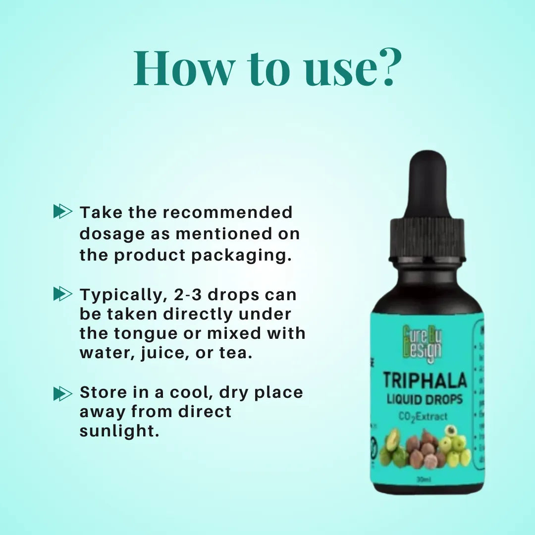 Cure By Design Triphala liquid drops bottle with usage instructions on a light blue background