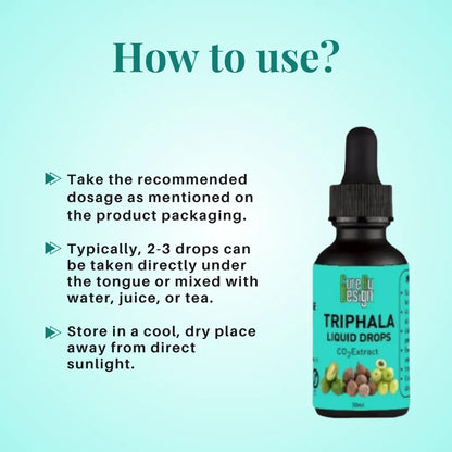 Cure By Design Triphala liquid drops bottle with usage instructions on a light blue background