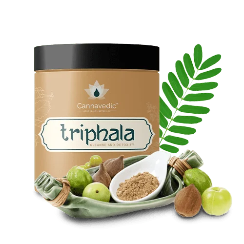 Triphala powder - 100g: A small container filled with 100 grams of triphala powder capsules, a traditional herbal remedy, available at CBD Shop of India