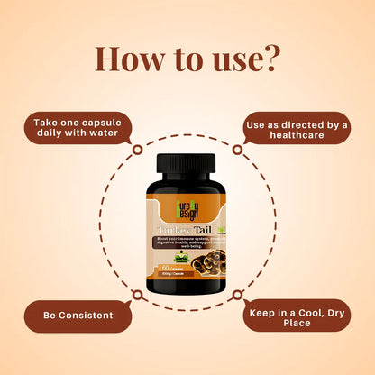 Bottle of 'Cure By Design: Turkey Tail Mushroom Extract - 500mg | 60 Capsules' product with usage instructions on a beige background