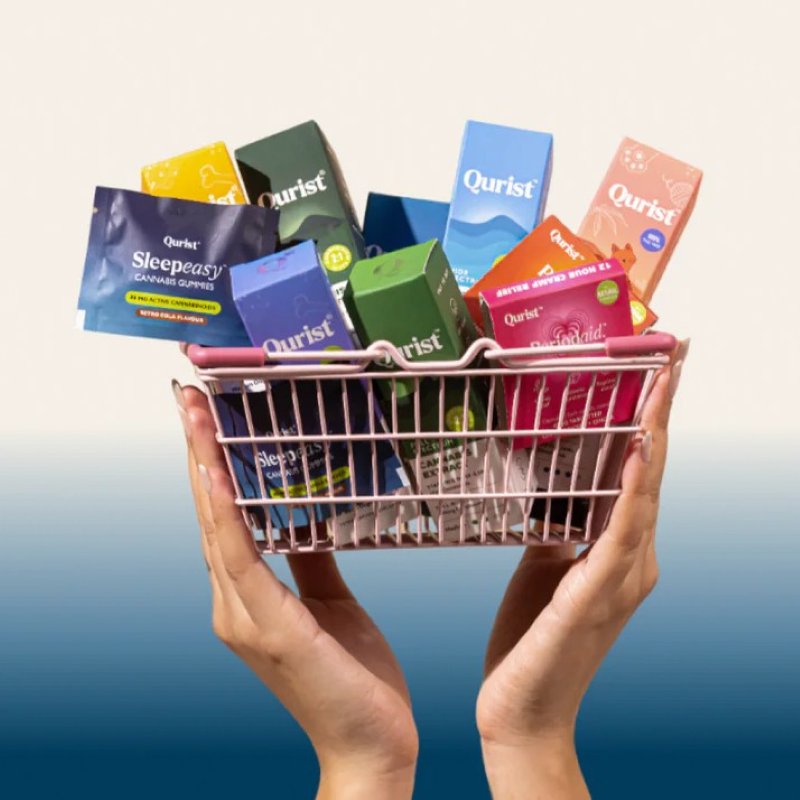 A pink wire basket containing Qurist CBD products held by two hands against a gradient background.
