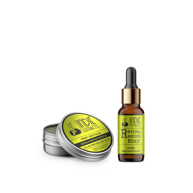 Two Indie Extracts products: a tin of hemp leaf balm and a dropper bottle of Revive & Restore Elixir.