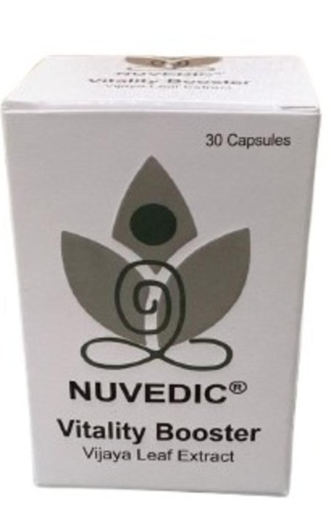 Box of Nuvedic Vitality Booster Vijaya Leaf Extract capsules.

