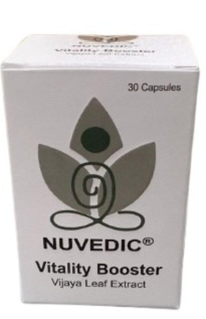 Box of Nuvedic Vitality Booster Vijaya Leaf Extract capsules.

