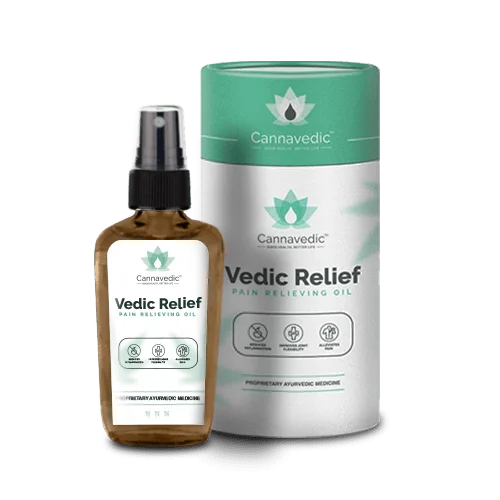Bottle and packaging of Cannavedic Vedic Relief Pain Relieving Oil.