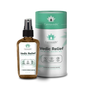 Bottle and packaging of Cannavedic Vedic Relief Pain Relieving Oil.