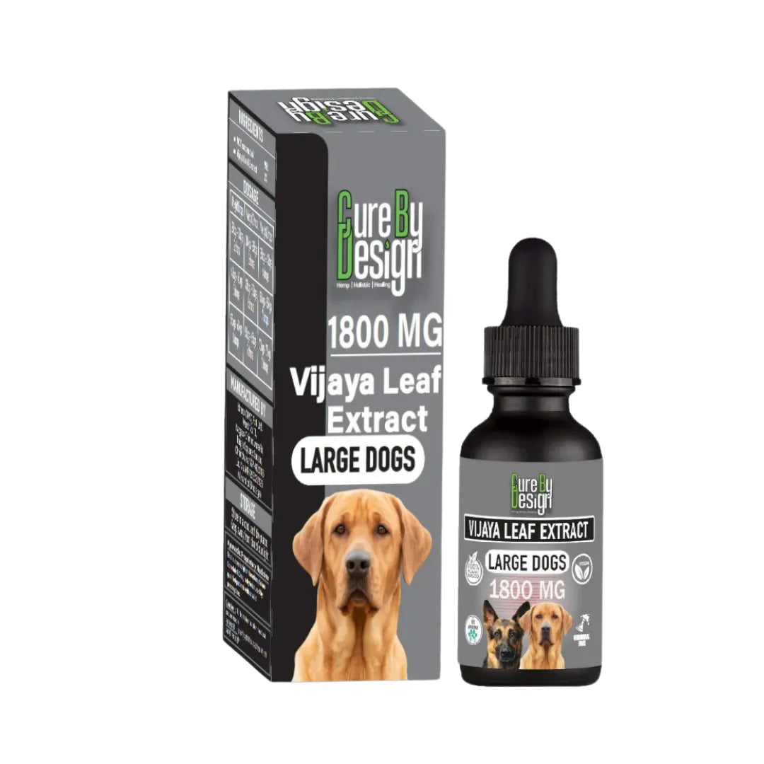 Vijaya Leaf Extract for large dogs by Pure Design, including bottle and packaging on a white background