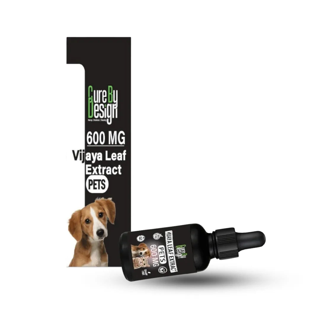 Cure by Design Vijaya Leaf Extract bottle for pets with a dog illustration on a white background