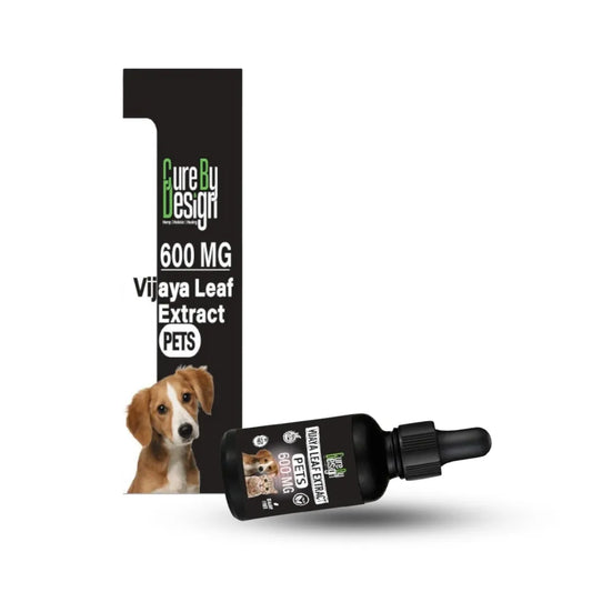 Cure by Design Vijaya Leaf Extract bottle for pets with a dog illustration on a white background