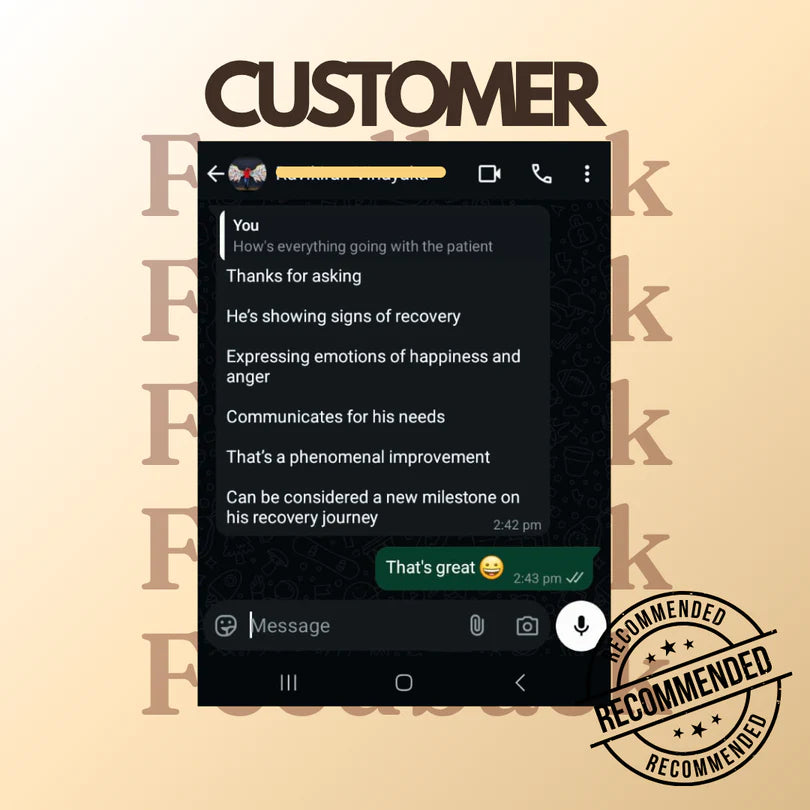 Phone screen displaying a text conversation with a 'Recommended' stamp on a beige background.