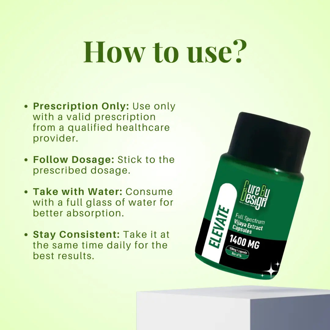 Elevate - Full Spectrum Vijaya Extract Capsules bottle labelled with usage instructions on a light green background