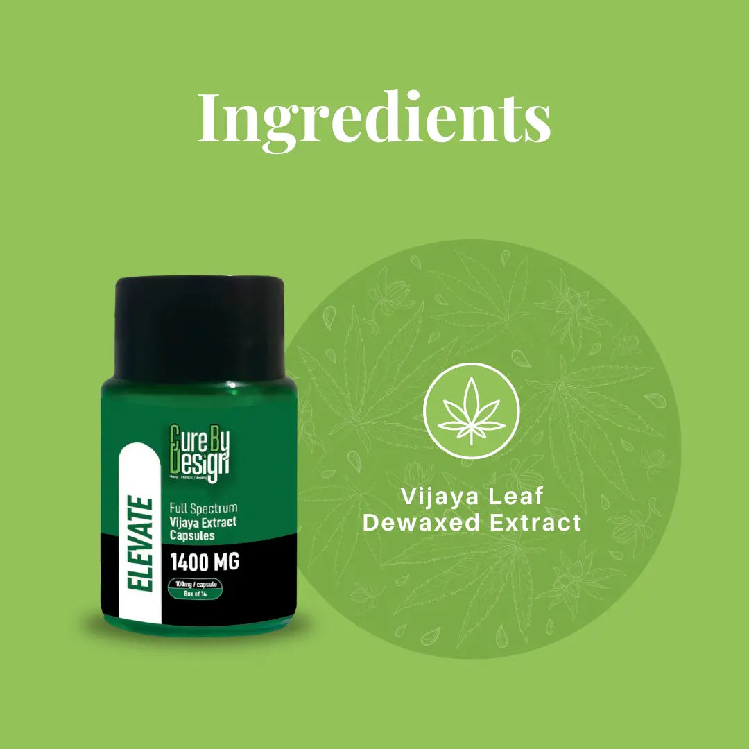 Green bottle labeled 'Cure by Design Elevate' with 'Vijaya Leaf Dewaxed Extract' on a green background.