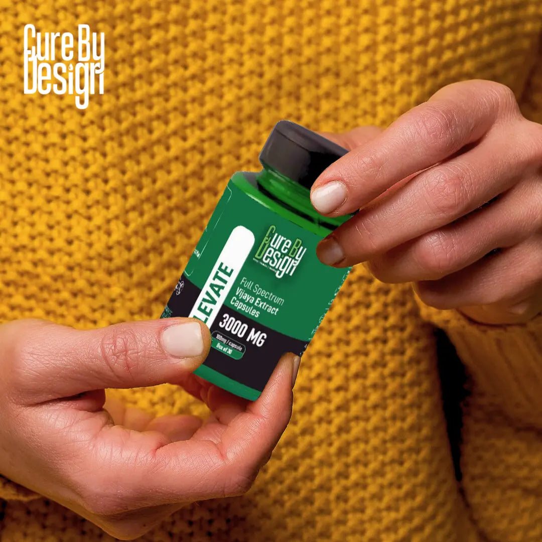 Hand holding a green supplement bottle labeled 'Cure By Design Elevate' against a yellow textured background.