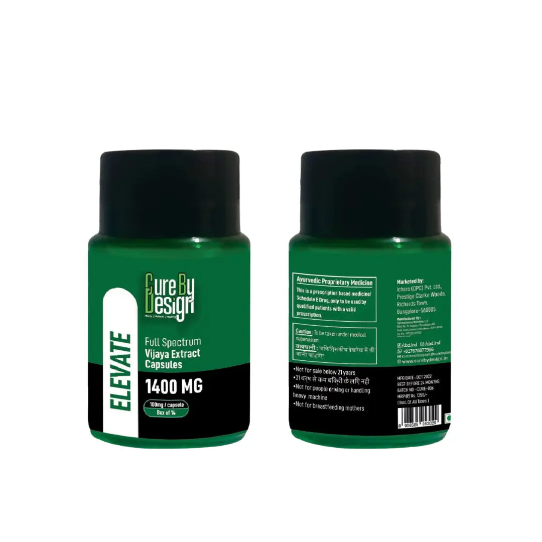 Two green Elevate - Full Spectrum Vijaya Extract Capsules supplement bottles with black caps on a white background