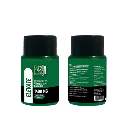 Two green Elevate - Full Spectrum Vijaya Extract Capsules supplement bottles with black caps on a white background