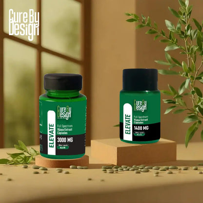 Two green supplement bottles labeled 'Elevate' on a wooden surface with a plant in the background.
