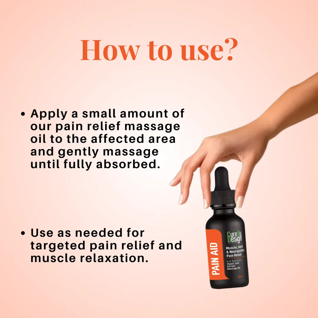Pain relief massage oil bottle with usage instructions on a pink background
