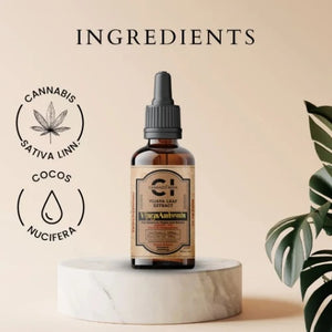 CBD oil ingredients: a bottle of CBD oil surrounded by hemp leaves, a dropper, and a cannabis plant in the background.