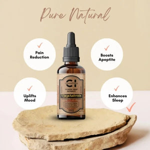 Along with benefit, a pure natural CBD oil in a glass bottle with a dropper.
