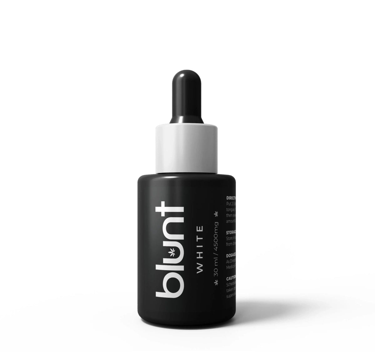 Black CBD Oil bottle with dropper labeled 'blunt' on a white background
