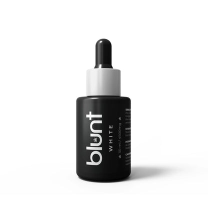 Black CBD Oil bottle with dropper labeled 'blunt' on a white background