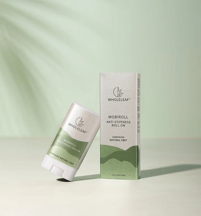 Wholeleaf Mobiroll anti-stiffness roll on with packaging on a light green background