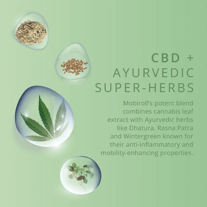 Promotional graphic for CBD + Ayurvedic super-herbs blend with cannabis leaf and herbs on a green background.
