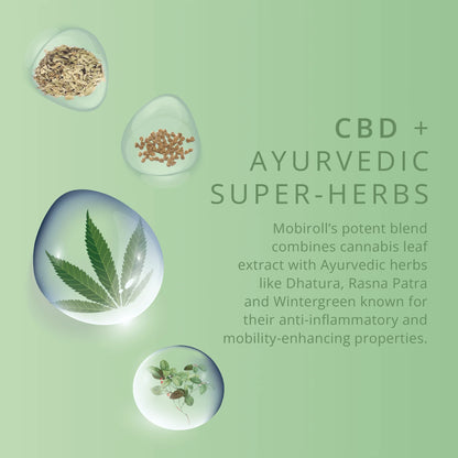 Promotional graphic for CBD + Ayurvedic super-herbs blend with cannabis leaf and herbs on a green background.
