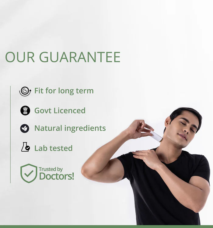 Person using a CBD product with 'Our Guarantee' text and listed benefits on a white background