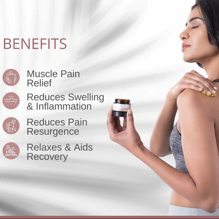 Woman applying cream to her shoulder with product benefits listed on a white background