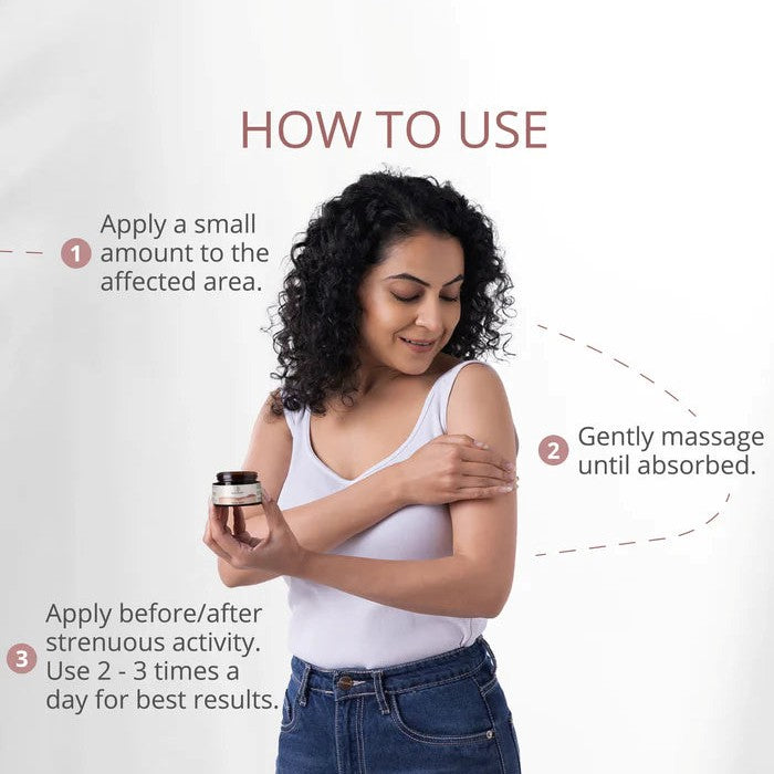 Woman applying a product with text on how to use it