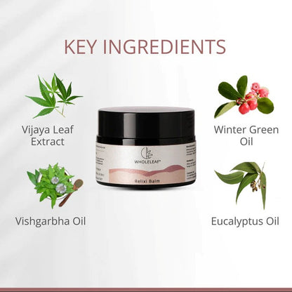 Relaxi Balm jar with key ingredients labeled on a white background