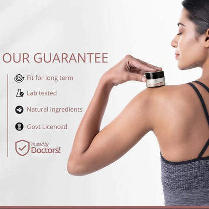 Woman applying cream to her shoulder with product details listed on a white background