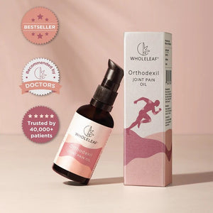 WHOLELEAF Orthodexil Joint Pain Oil bottle and packaging on a pink background