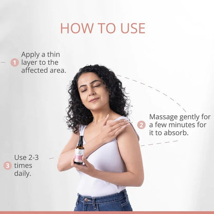 Woman applying a product to her shoulder with text on how to use it.