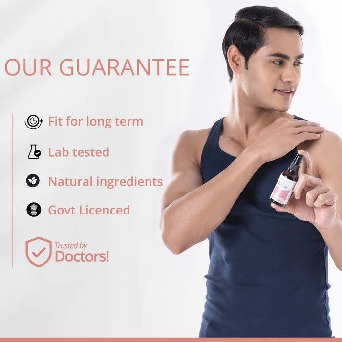 Man holding a bottle with text about product guarantees on a white background