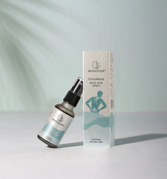 Wholeleaf FlexaMove Back Pain Spray bottle and packaging on a light gray background