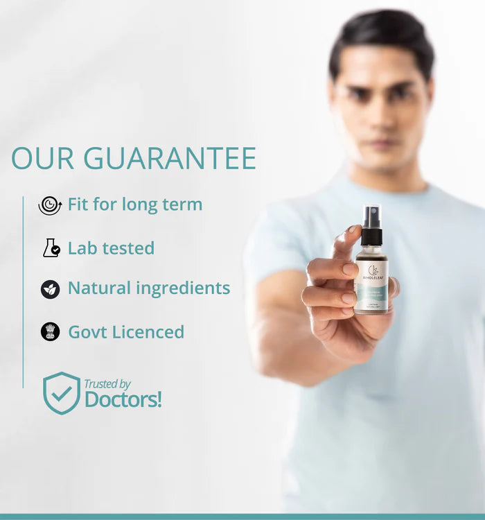 Person holding a bottle with text about product guarantees on a light gray background