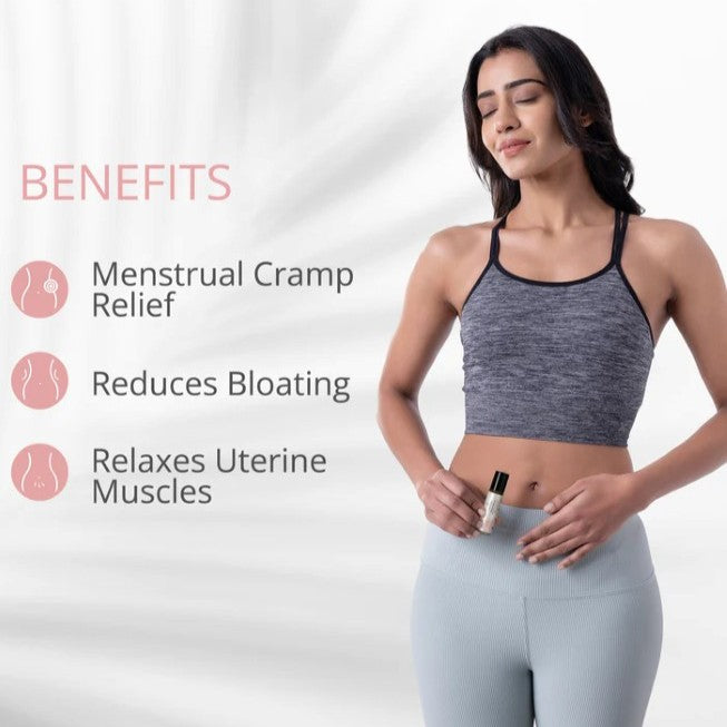 Woman in athletic wear holding a bottle with benefits listed on a light gray background