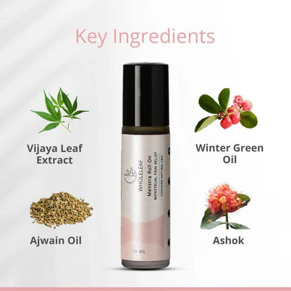 Roll-on bottle with key ingredients labeled on a white background