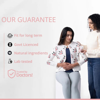 Two women standing next to each other with text about product guarantees on a white background