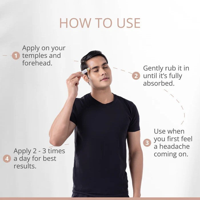 Man applying a product to his temples with instructions on how to use it.