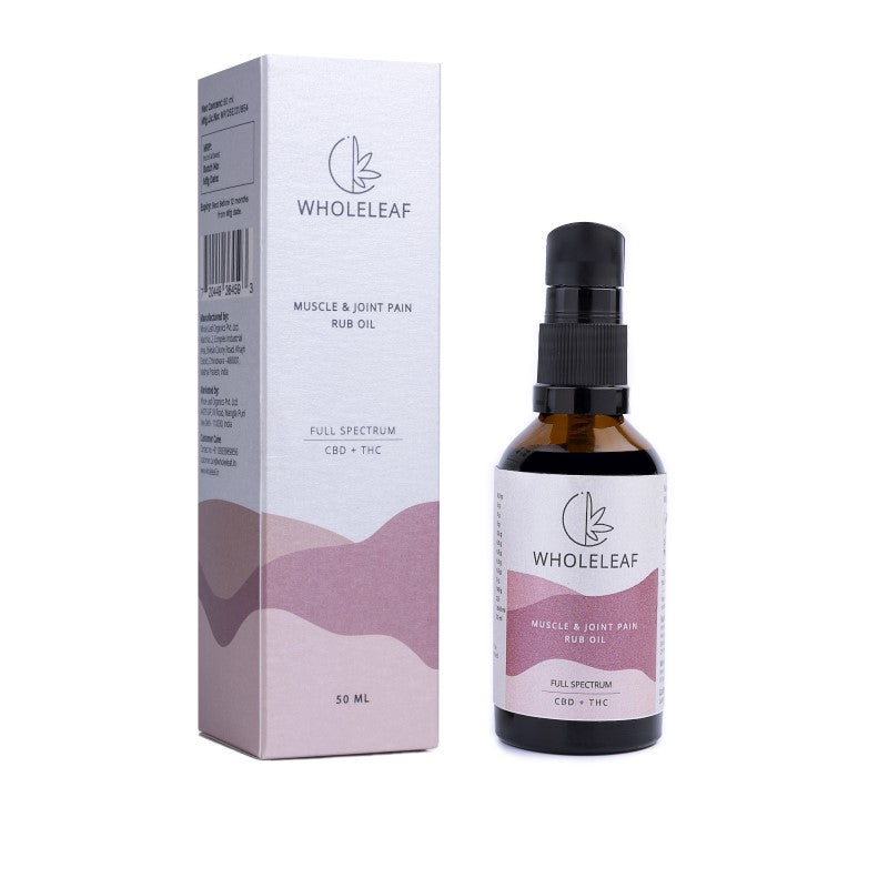 A product image showing Wholeleaf Muscle and Joint Pain Rub Oil, which is a CBD-based pain relief oil, in a clear glass bottle with a dropper. The packaging is a white and pink box with the product name and volume (50ml) indicated.