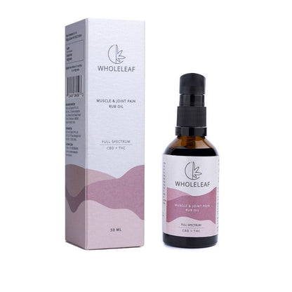 A product image showing Wholeleaf Muscle and Joint Pain Rub Oil, which is a CBD-based pain relief oil, in a clear glass bottle with a dropper. The packaging is a white and pink box with the product name and volume (50ml) indicated.